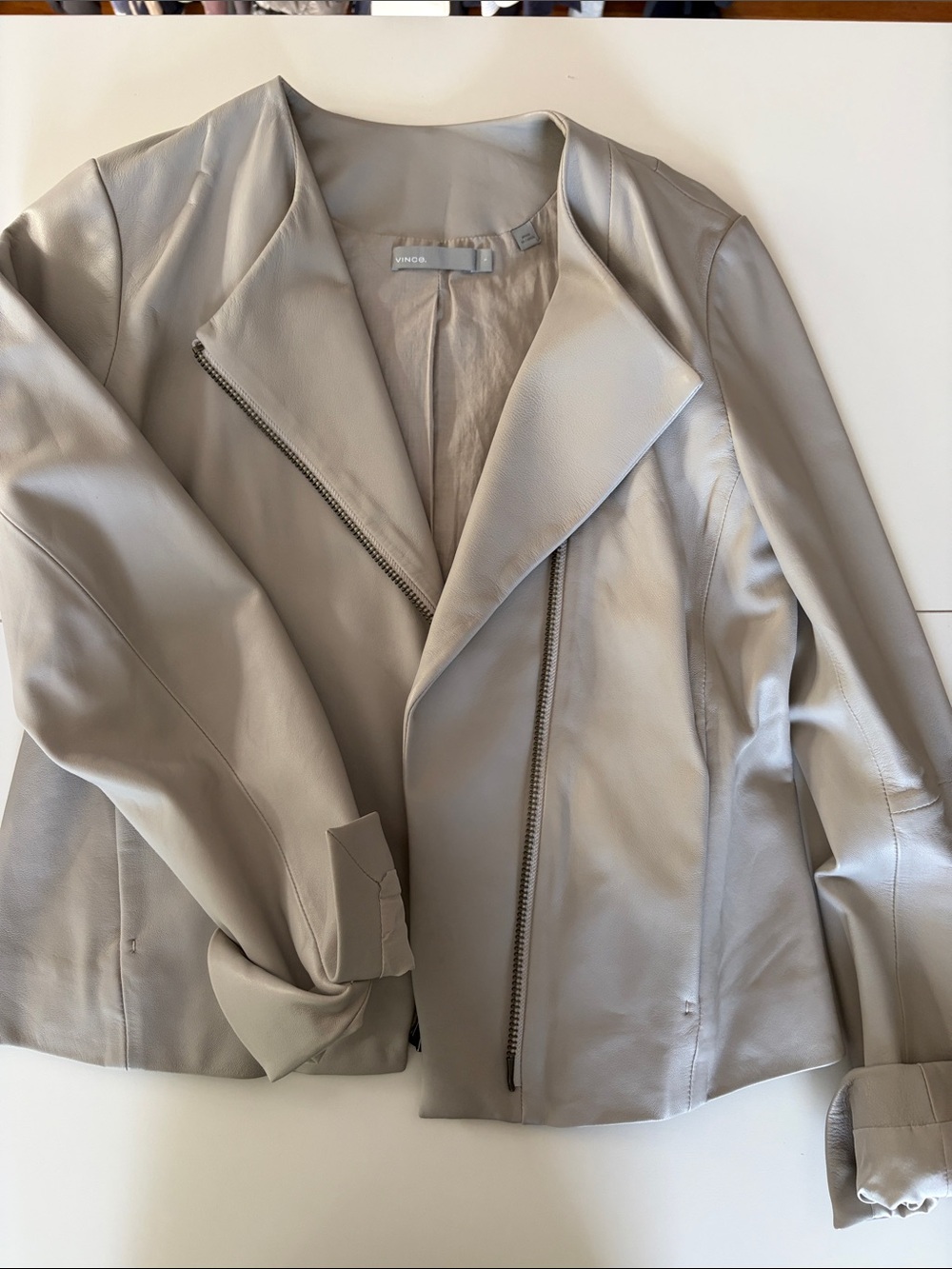 Vince Light Taupe Leather Moto Jacket with Asymmetric Zip